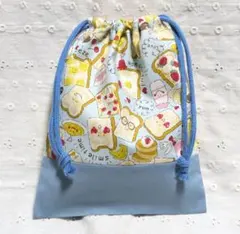 ハンドメイド、食パン柄の給食袋、巾着袋、コップ入れ、水色