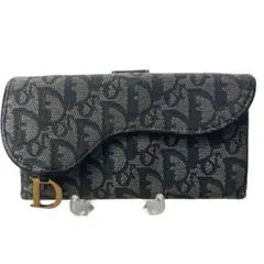 ディオール　サドル　長財布　オブリーク　トロッター柄　ネイビー　金