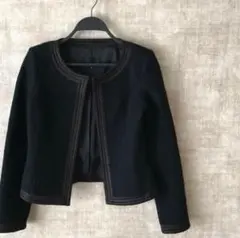美品 日本製 エムプルミエ ブラック レース 麻リネン ノーカラージャケット earth_eco_loco 入学式 服装 ママ フォーマル ジャケット V