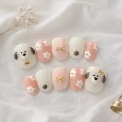 犬ネイル　ネイルチップ　ピンク　ギンガムチェック　淡色　春　ニュアンス　フラワー
