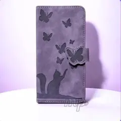 iPhone16 手帳型スマホケース 猫 可愛い ネコ好き向け スタンド 紫