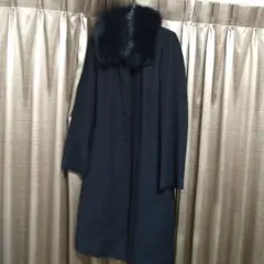 カシミヤ100% 黒 ロングコート 9AR ファー襟付き