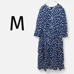 ❤早い者勝ち ネイビー 花柄 七分袖 ロングワンピース Mサイズ