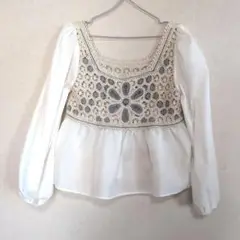 Chulatte レース刺繍付きホワイトブラウス Ｌサイズ