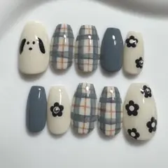 【現品】個性派ネイル　チェックネイル　フラワーネイル　犬ネイル