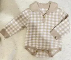 cottoli ニット チェック ロンパース カバーオール　ギンガムチェック