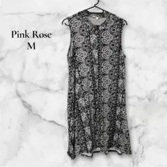 一点物✨️Pink Rose【M】ノースリーブひざ丈ワンピース 白黒 派手柄 総柄
