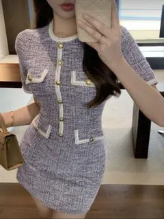 ツイードミニワンピース 半袖 パープルMサイズ