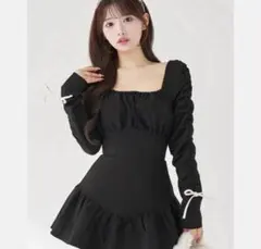 darich スクエアネックギャザーミニワンピース ブラック