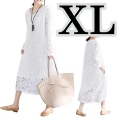 【新品】赤字特価 総レースワンピース長袖レディース春夏秋冬ドレス花柄ホワイトXL