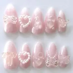 ネイルチップ 現品 韓国 フレンチガーリー ちゅるん ピンク リボン ラメ