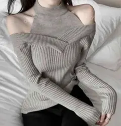 新品　オフショルダー　服　リブ　ニット　長袖　グレー