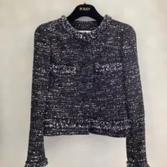 Rene ネイビー ツイード ノーカラージャケット