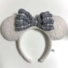 ミッキー型カチューシャ チェック柄リボン付き ボア クリスマス