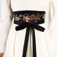 和風サッシュベルト　着物ベルト　ワンピースベルト　刺繍ベルト　鳳凰モチーフ　黒色