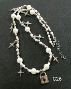 フェアリーグランジネックレスC26　パールネックレス　ビーズネックレス　南京錠