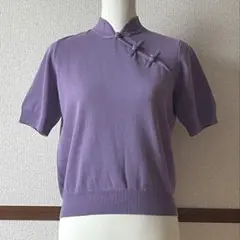 ダーマコレクション　半袖ニット　チャイナカラー　パープル　綿　Sサイズのサムネイル