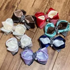 2色サテン・ ボーダーリボンとコットンパールのスイーツ ヘアクリップ バレッタ