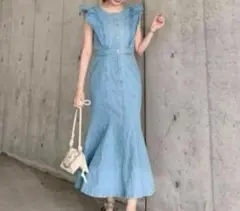 マーメイド　フリル　ライトブルー　デニムワンピース　リエンダ