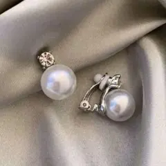 一粒パール CZダイヤ イヤリング　シルバー　クリップ