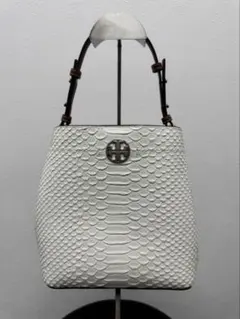トリーバーチ　ホワイトレザーエンボスハンドバッグ