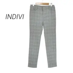 INDIVI✳️チェック ストレッチパンツ【38】ライトグレー ワールド 秋冬