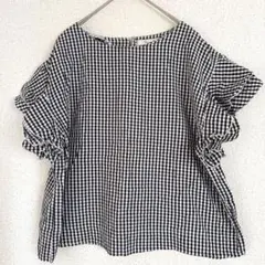 ギンガムチェック フリル袖 半袖トップス 綿100% L