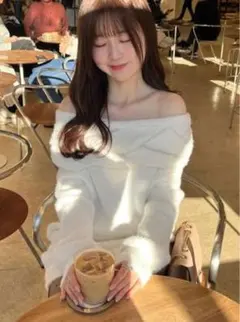 ケーブルオフショルダーシャギーニットワンピース　GRL アイボリー