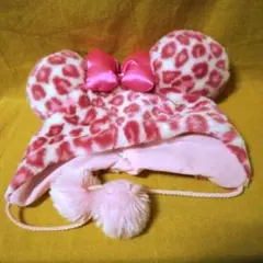 ディズニー　ミニーマウス　ファンキャップ　ヒョウ柄ピンク　ハート飾り付　w