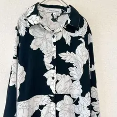 ★花柄 シャツワンピース 襟 長袖 ロング丈 【L】黒白 高身長 お出かけ
