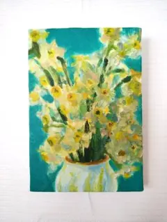 青い花瓶とカラフルな花 油絵 1996年 - メルカリ