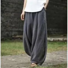 サルエルパンツ　ワイドパンツ　ゆったり　ボトムス　グレー　コットンリネン XL