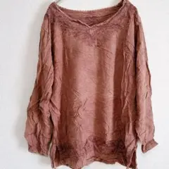 美品✨古着 ブラウン 長袖シャツ Vネック 刺繍 シンプル トップス ブラウス