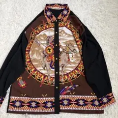 90s vintage 美品　パネルシャツ インディアン　オルテガ柄　金ボタン