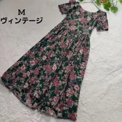 【ロングワンピース】半袖　ビンテージ　総花柄　グリーン系　M
