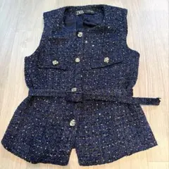 【完売品】ZARA ネイビー ツイード ベスト S キラキラ　スパンコール