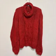 長袖 ニットセーター レッド タートルネック ケーブル編み 大人女子 カジュアル