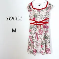 トッカ　花柄ワンピース　フレンチスリーブ　Aライン　リボン　華やか　裏地付　赤