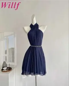 Willf SHEINネイビー プリーツ ノースリーブ ワンピース