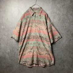 VINTAGE 半袖シャツ　柄シャツ　緑　ブラウン　ダークトーン　総柄　レトロ