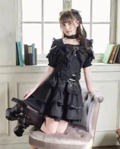 LIZLISA クロスリボンレーストップス ビッグリボンティアードスカート 黒