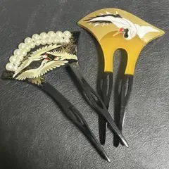 2点セット 簪 かんざし 髪飾り パール バチ型 鶴 和装小物 留袖 結婚式