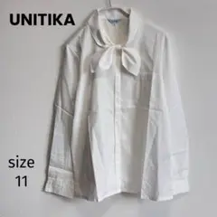 【UNITIKA】リボンブラウス　長袖シャツ　比翼仕立て　L ホワイト