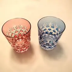 クリスタルガラス カットグラスセット レッドとブルー
