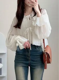 GRL 前後2Wayプリーツショート丈リボンカーディガン[pm681]