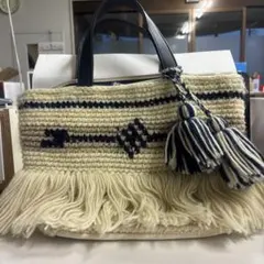 フリンジ付きアイボリー&ネイビバック