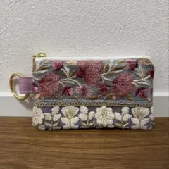 インド刺繍リボン　ポーチ カラビナ付き