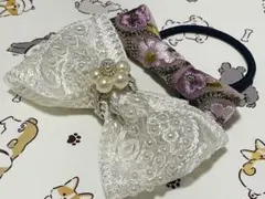 ハンドメイド　パール付きインド刺繍リボンヘアゴムセット　エレガント