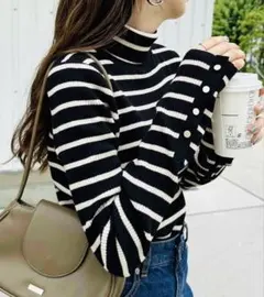 未使用 discoat リブ袖口ボタンタートル ブラック × ホワイト ボーダー