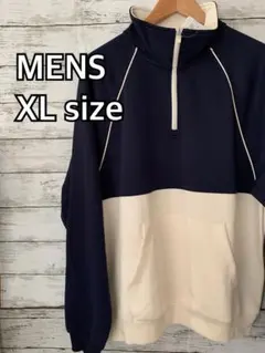 メンズ XL ハーフジップ トレーナー ネイビー/オフホワイト韓国TOPTEN